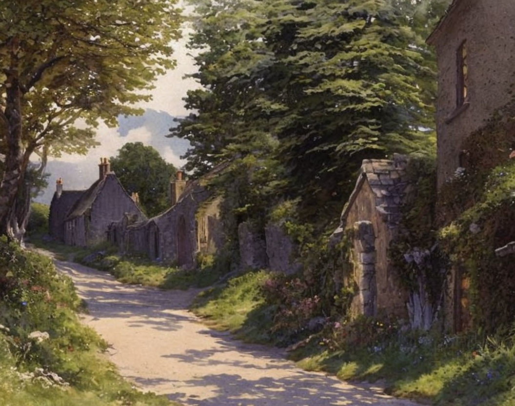 Tranquil country lane with old stone cottages and trees on a sunny day