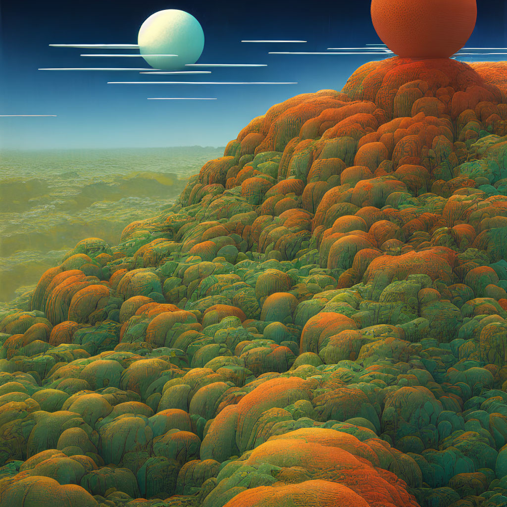 Surreal landscape with orange and green hills under two planets in the sky