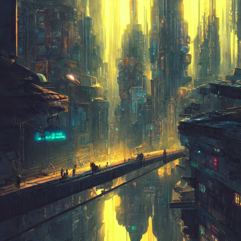 Futuristic cityscape with towering skyscrapers and glowing windows