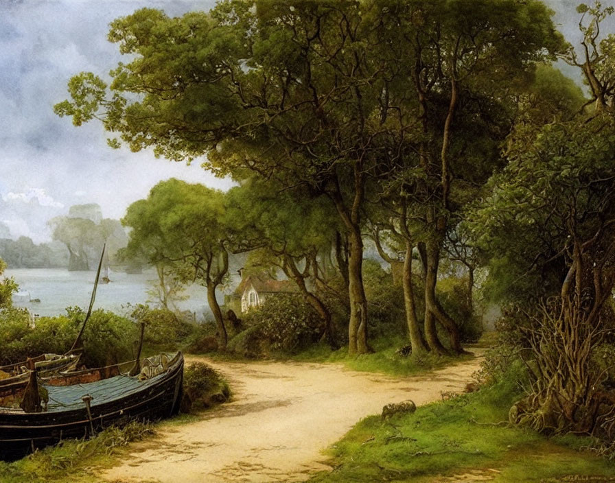 Tranquil rural scene: dirt path, moored boat, small cottage, lush trees, calm