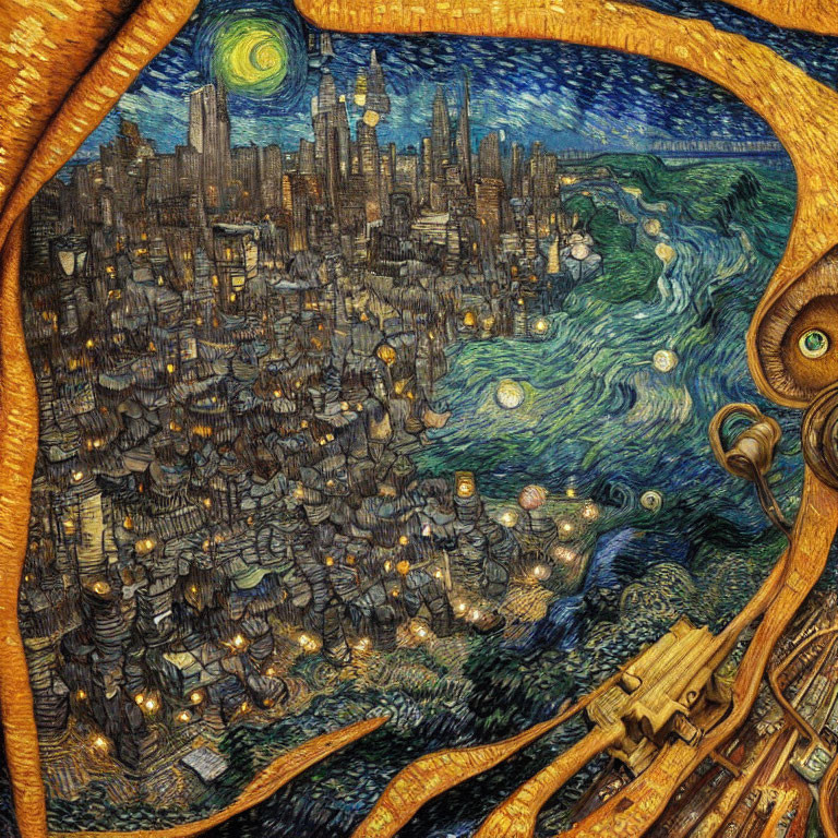 Vivid cityscape and sea merge in swirling Van Gogh-inspired artwork