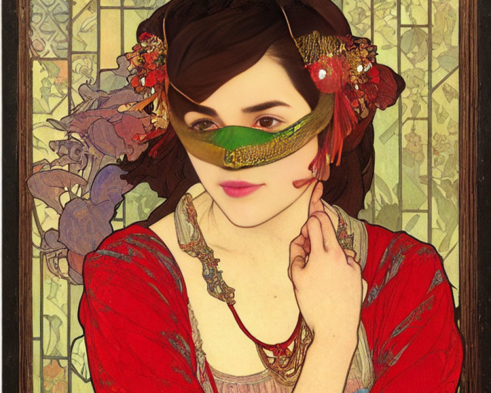 Stylized portrait of woman in green masquerade mask and red dress amid floral art nouveau backdrop