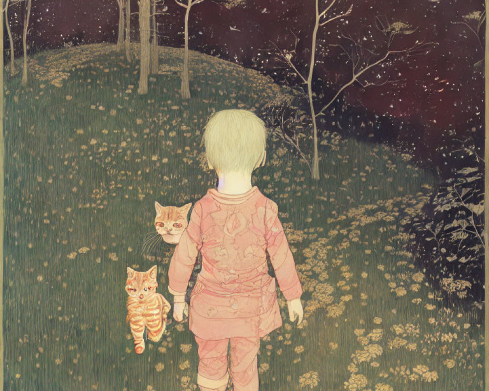 Child Holding Cat in Mystical Forest with Starry Sky and Flowers