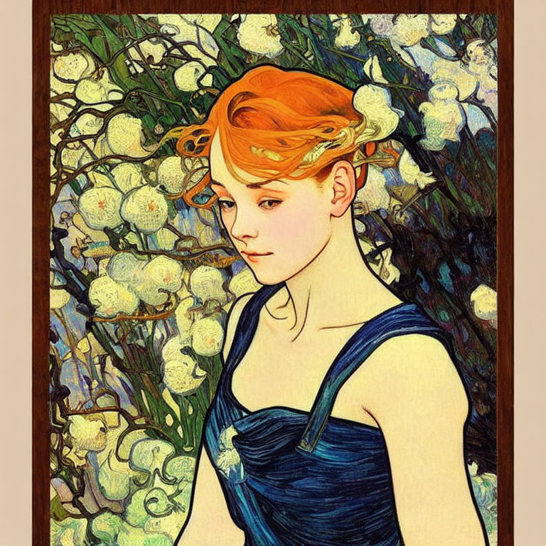 Woman with Orange Hair in Blue Dress Art Nouveau Illustration