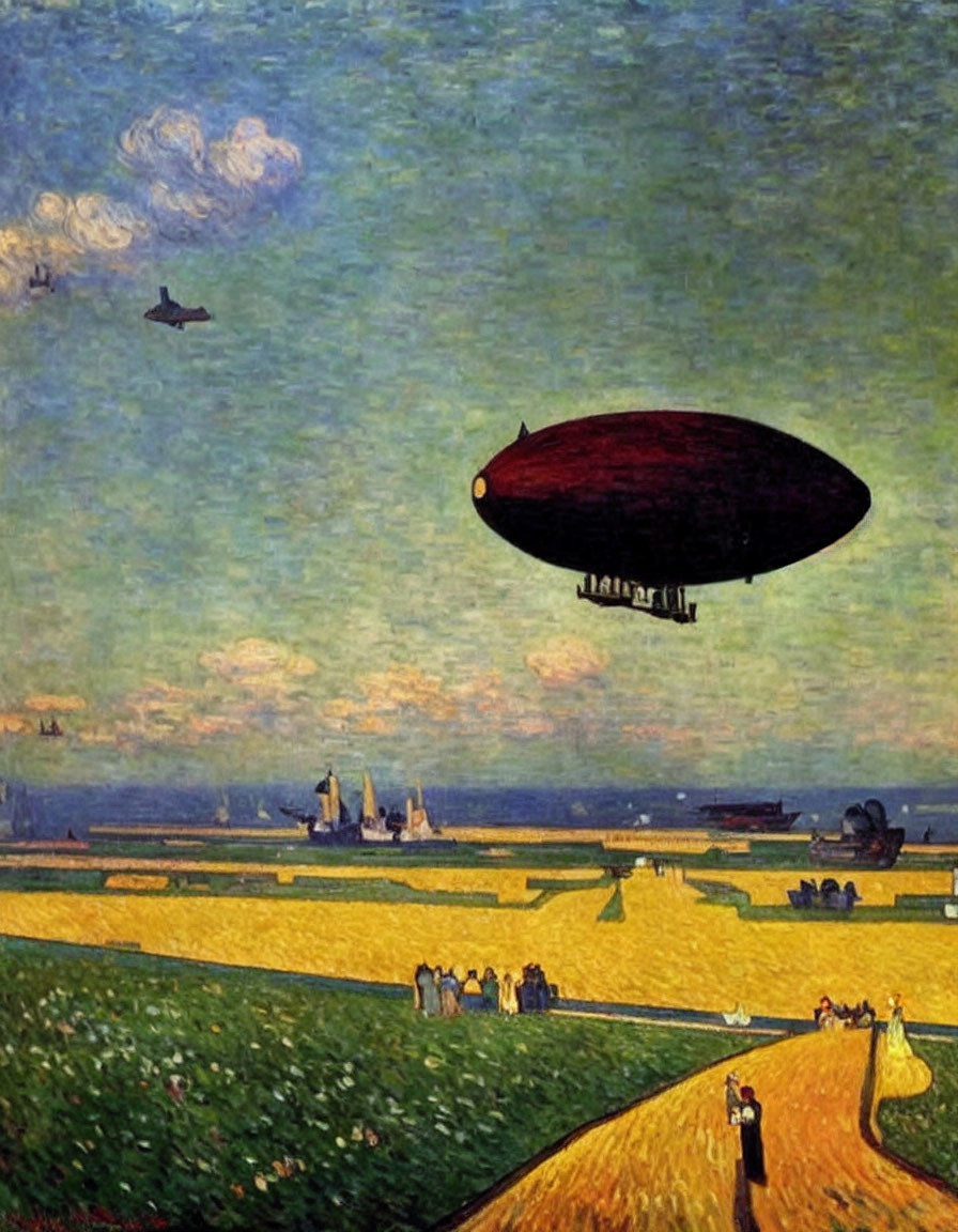 Impressionist-style painting of airship over rural landscape