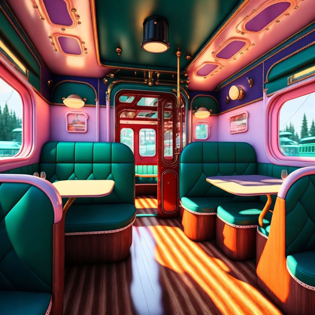 Colorful Train Carriage Interior with Emerald Green Seats and Pink Walls