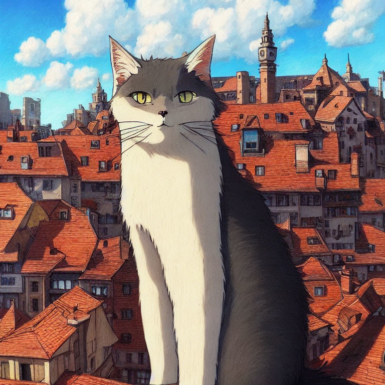 Stylized illustration: Large grey and white cat in old European town