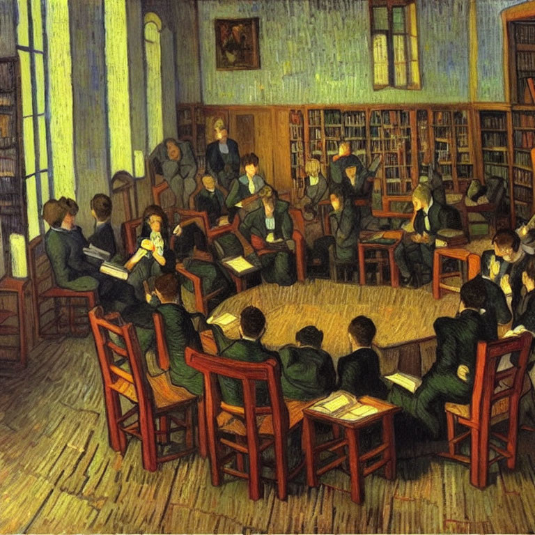 Illustration of people studying in serene old-fashioned library