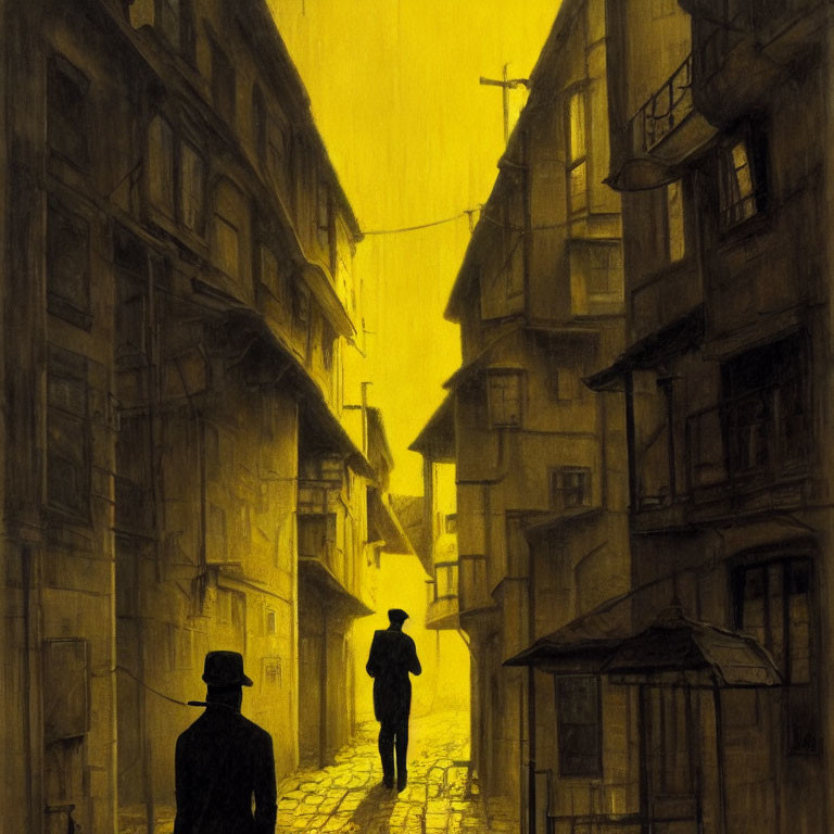 Monochromatic yellow-toned illustration of person walking in narrow city alley