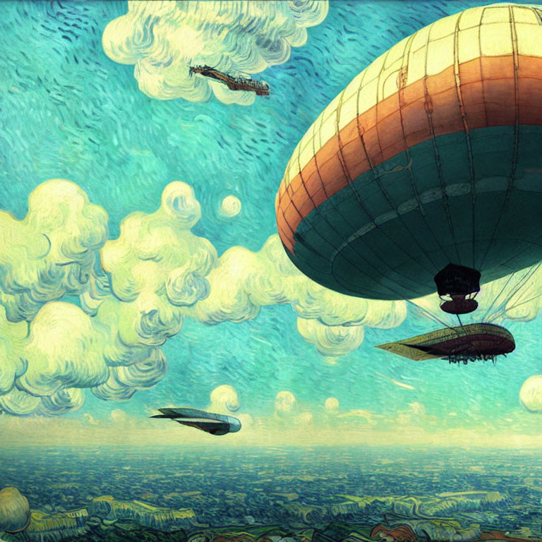 Colorful painting of dirigibles in the sky over a lush landscape