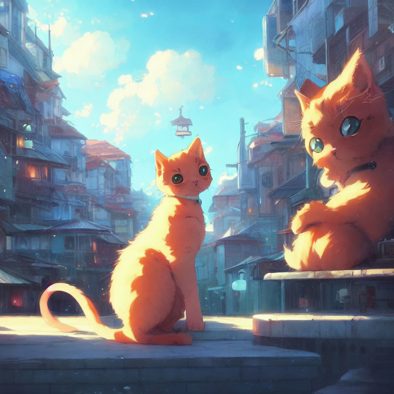 Two Giant Orange Cats in Sunlit Cityscape