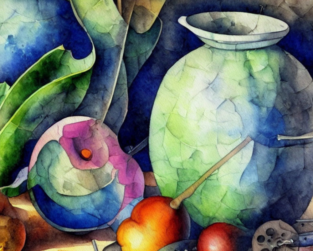 Colorful watercolor still life with green foliage, round vase, orange fruit, and art supplies on