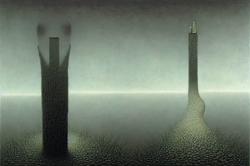 Surreal painting of two tall, tower-like figures with tiny human atop