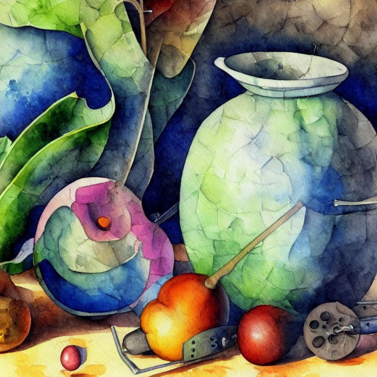 Colorful watercolor still life with green foliage, round vase, orange fruit, and art supplies on