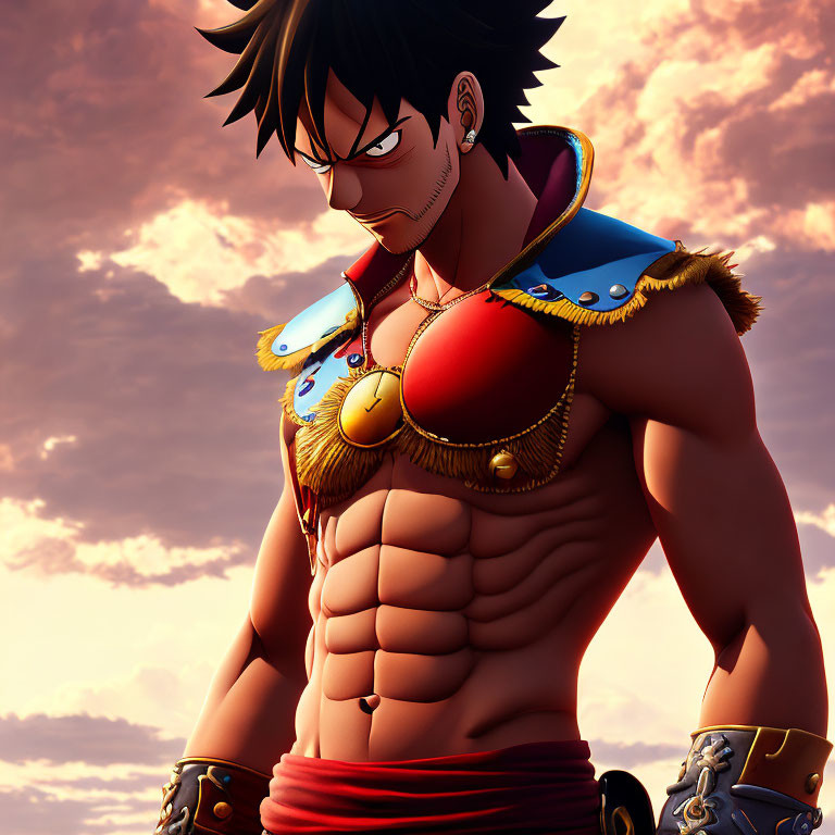 Muscular anime character in red sash and blue vest poses at dusk