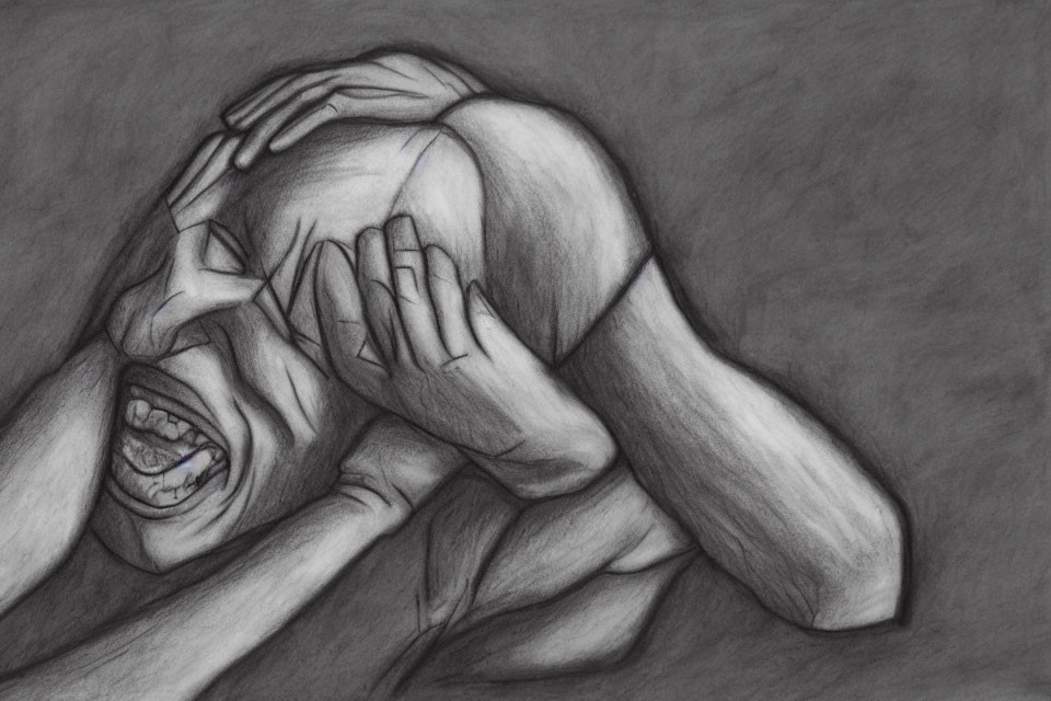 Person in distress screams, covering ears - pencil sketch.