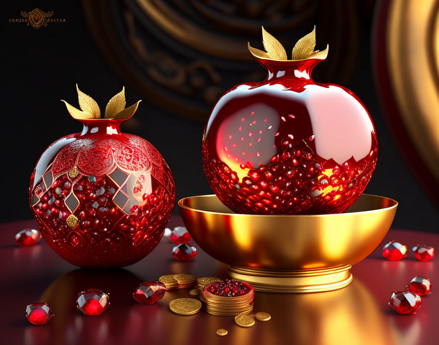 Ornate pomegranate-shaped decorations with gems and coins on golden bowl