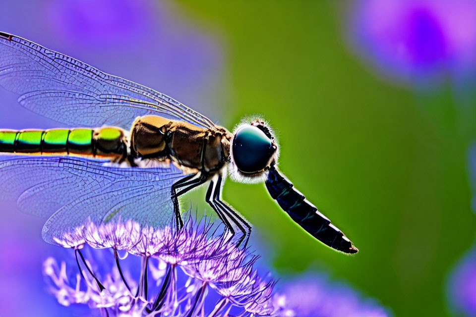 Detailed close-up: Dragonfly with transparent wings on purple flower