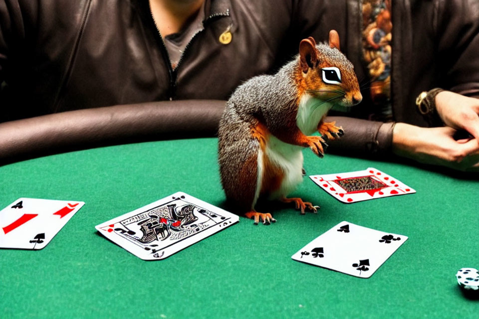 Squirrel with sunglasses on casino table, cards, and poker chip displayed