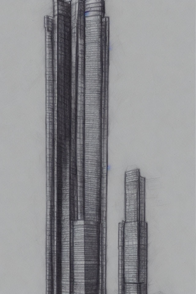 Detailed Pencil Sketch of Two Modern High-Rise Buildings