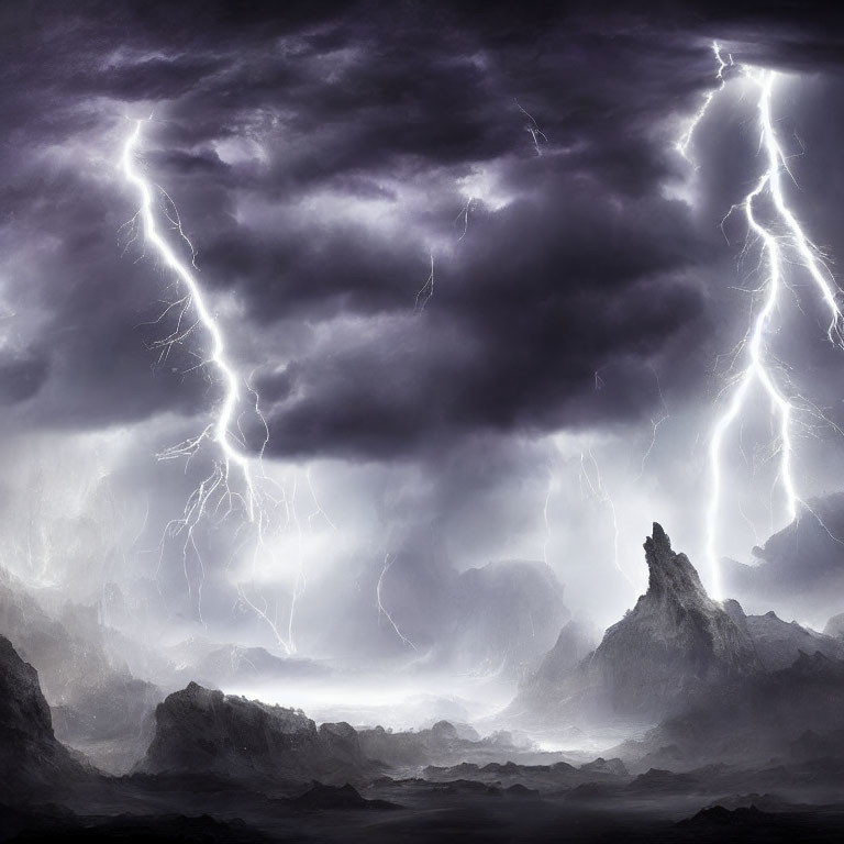 Dramatic lightning strikes in stormy sky over rugged, misty terrain