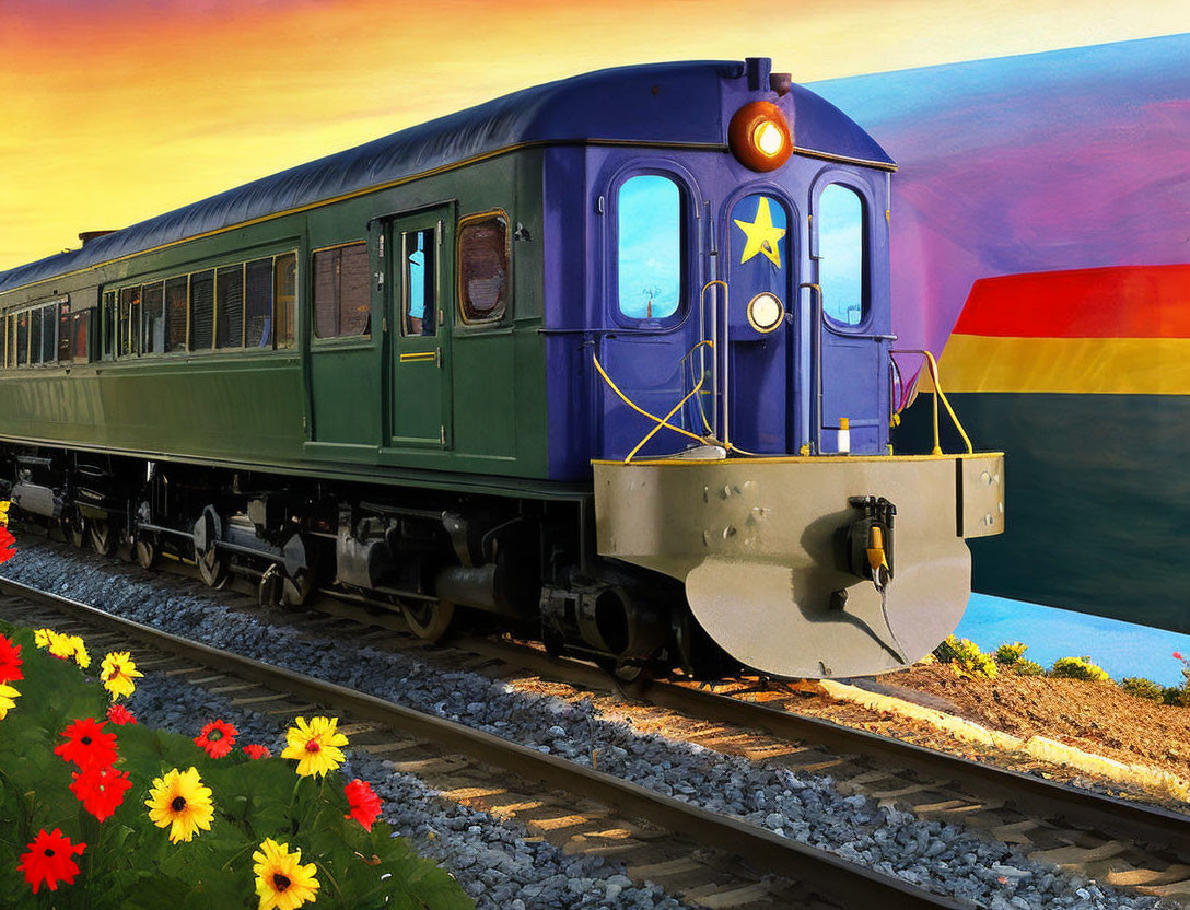 Vintage passenger train on tracks with blue locomotive, vibrant flowers, and colorful sunset sky.