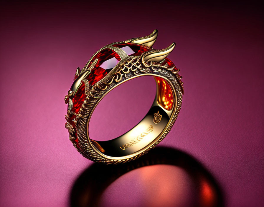 Golden Dragon-Themed Ring with Red Accents on Reflective Purple Surface