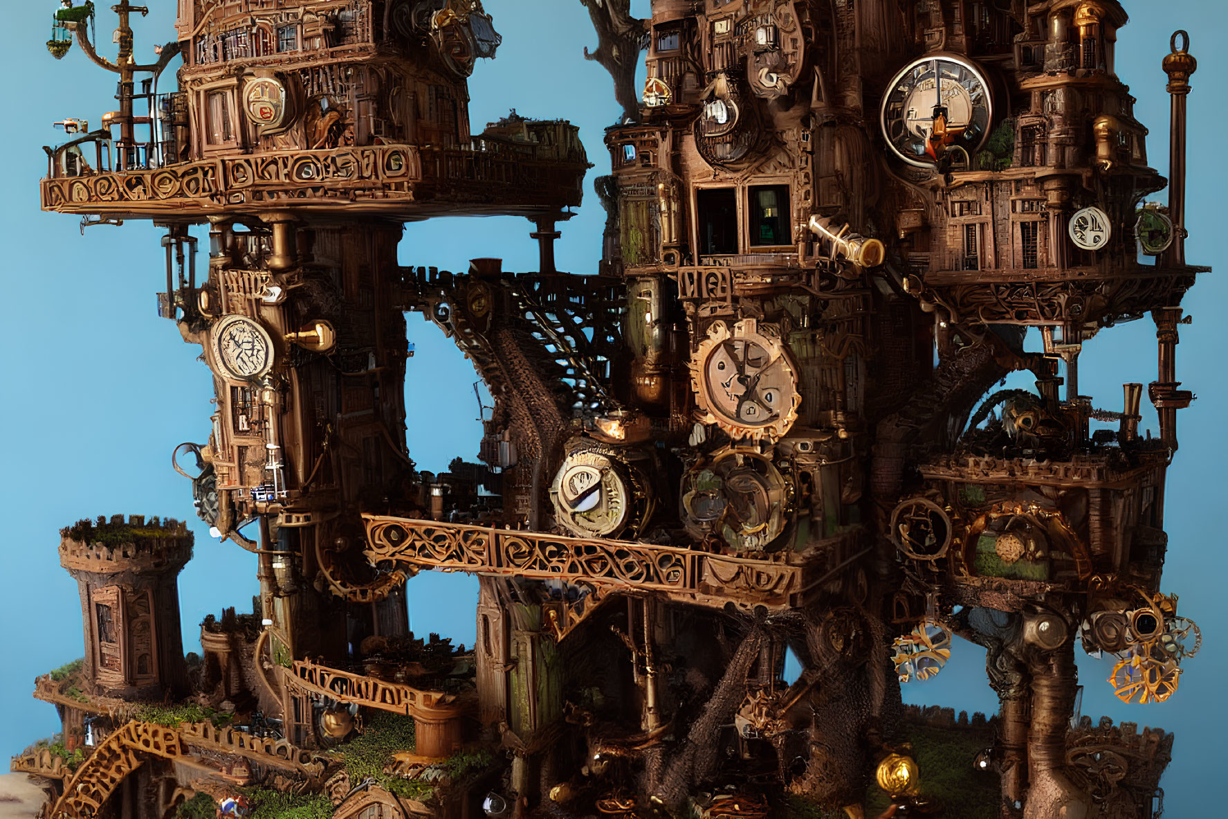 Intricate Steampunk Treehouse with Gears and Clocks on Blue Background