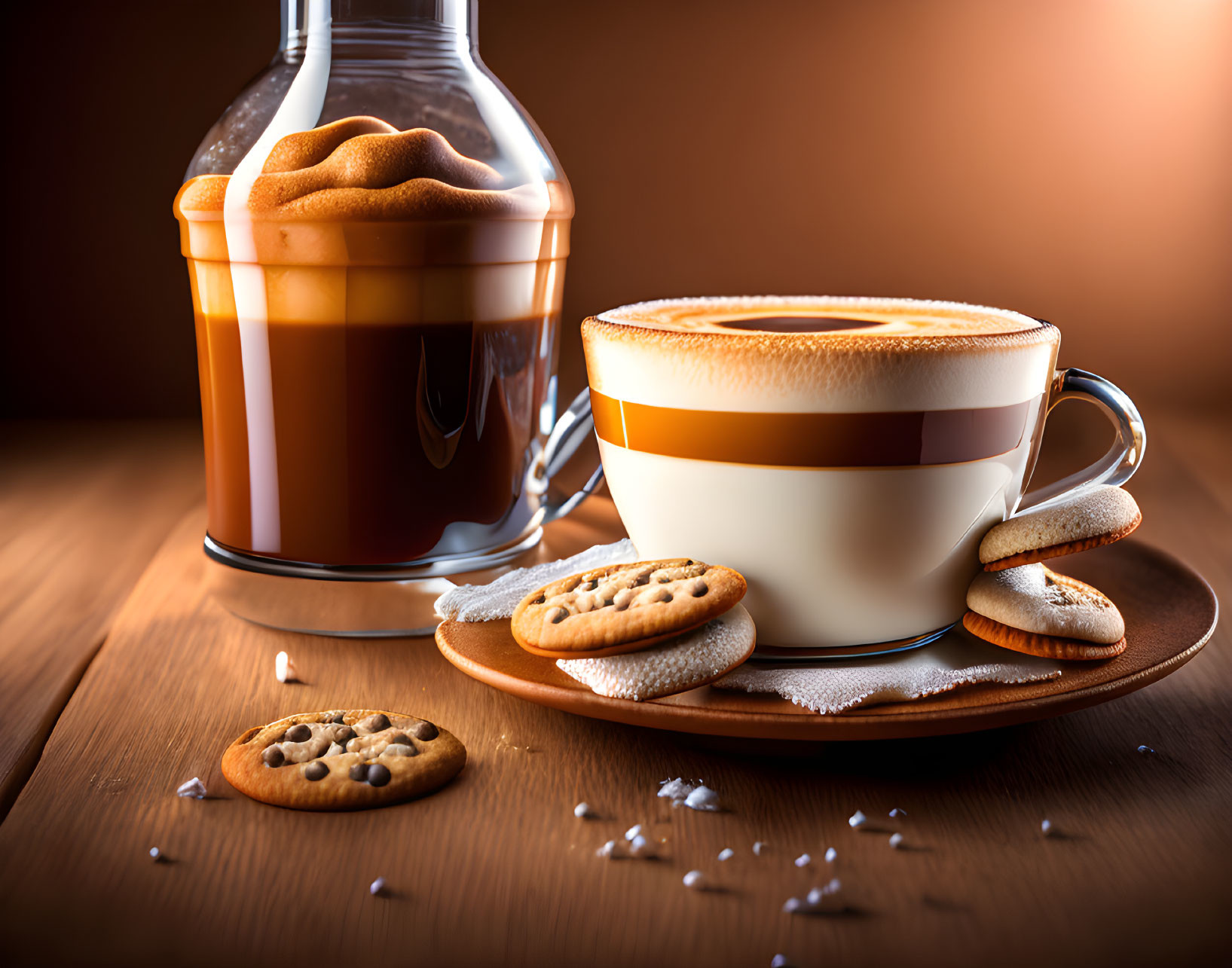 Inviting Cappuccino with Foam Art, Dalgona Coffee, and Cookies