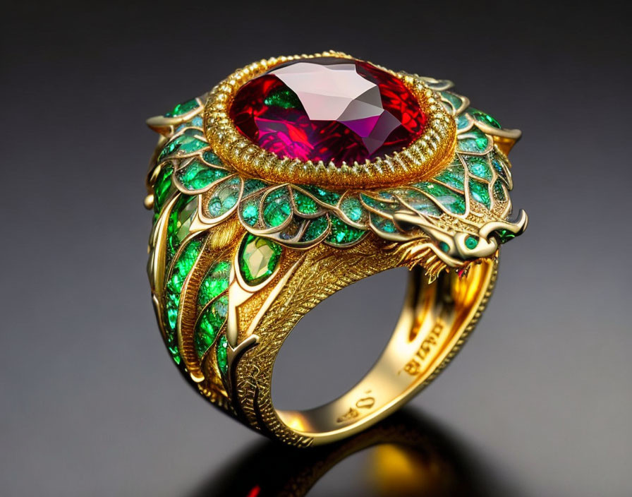 Gold Ring with Large Red Gemstone and Green Enamel Leaves on Dark Background