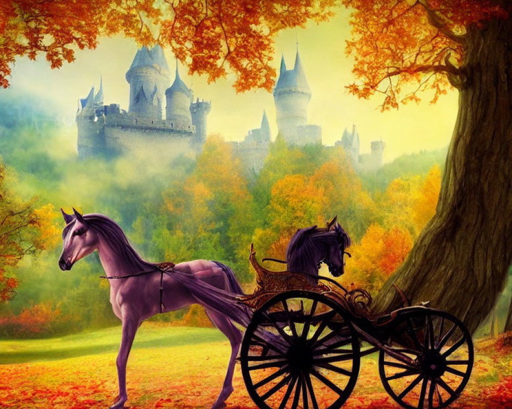 Horse-drawn carriage with single horse near tree and castle