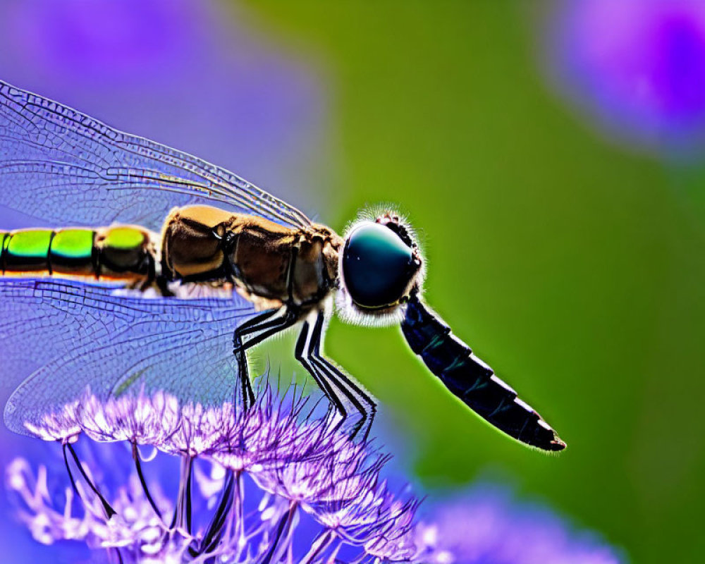 Detailed close-up: Dragonfly with transparent wings on purple flower