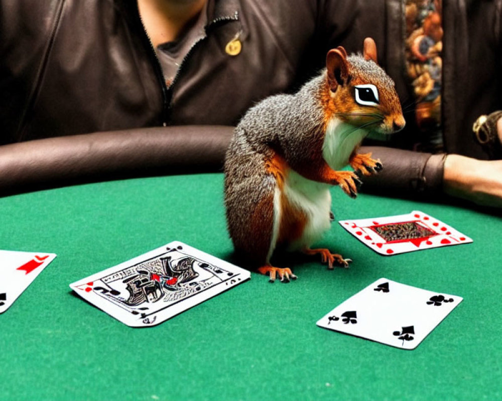 Squirrel with sunglasses on casino table, cards, and poker chip displayed