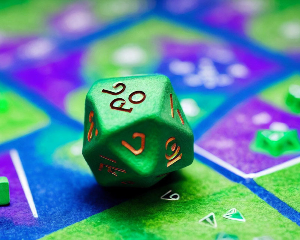 Green twenty-sided dice on vibrant board game background with shapes and smaller dice