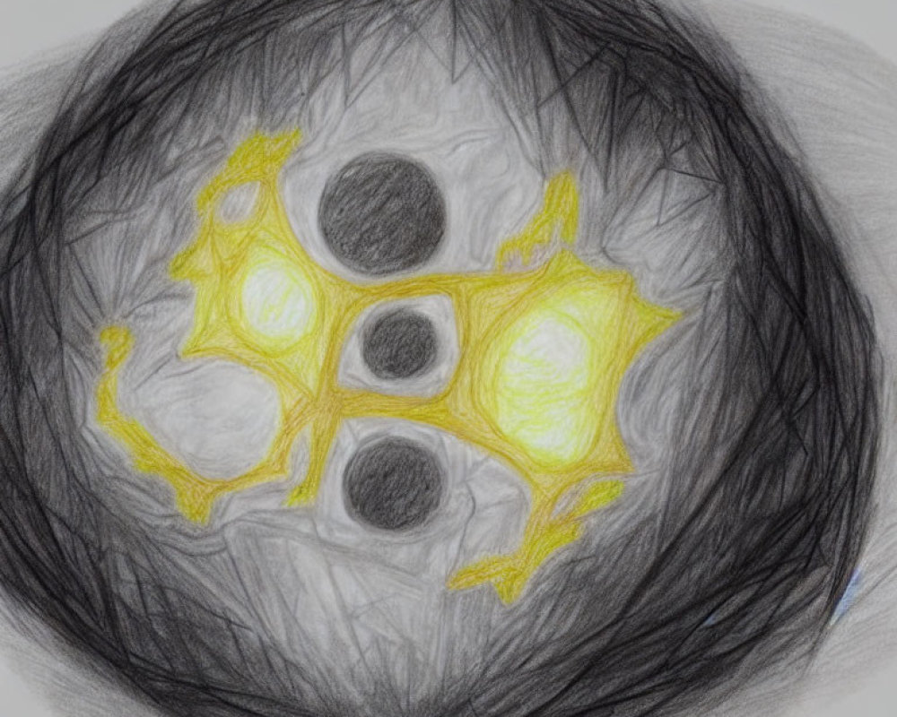 Abstract pencil sketch with yellow highlights and dark spheres in textured gray shades