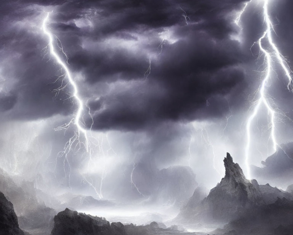 Dramatic lightning strikes in stormy sky over rugged, misty terrain