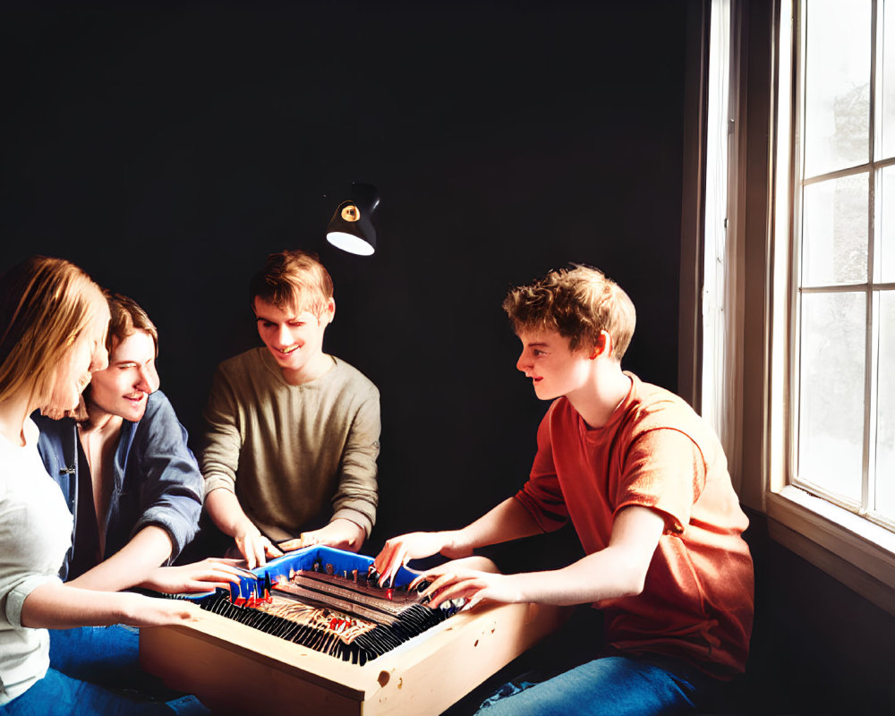 Four Young People Playing Board Game by Window in Natural Light