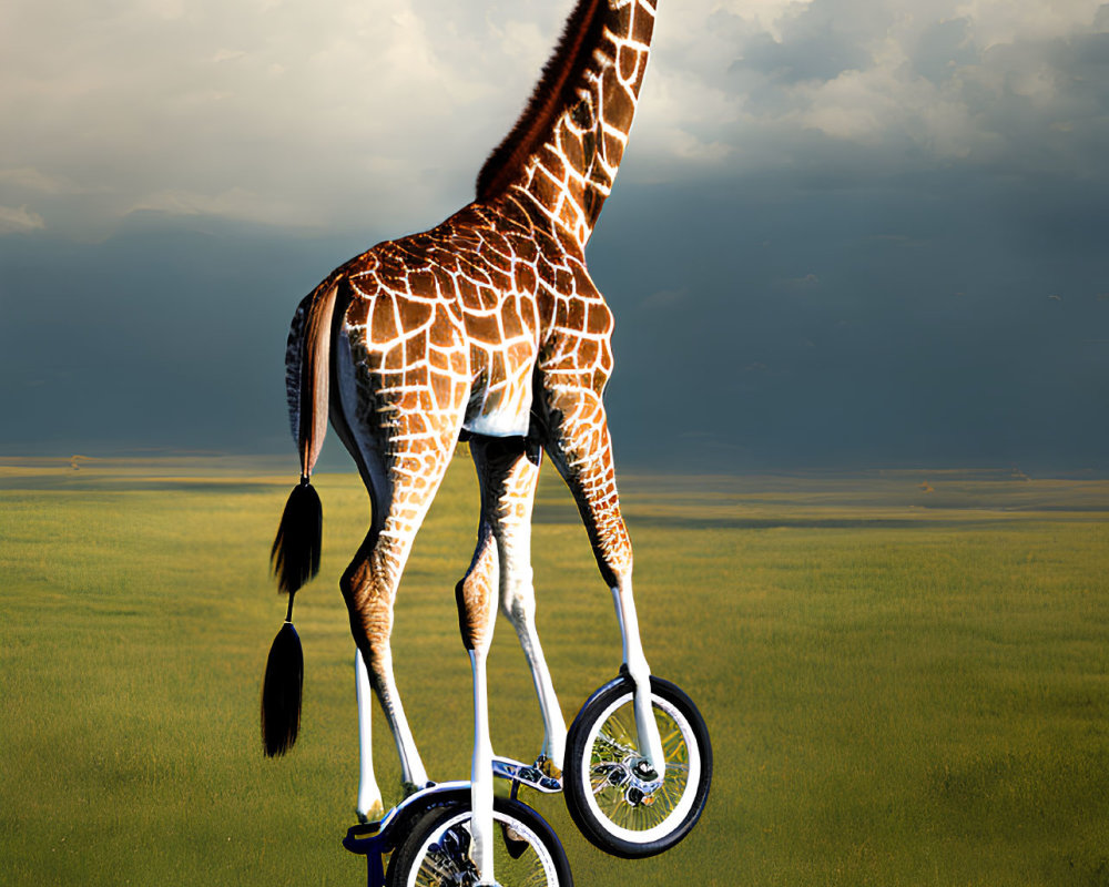 Digitally altered giraffe with front legs as bicycle wheels in grassy field under dramatic sky