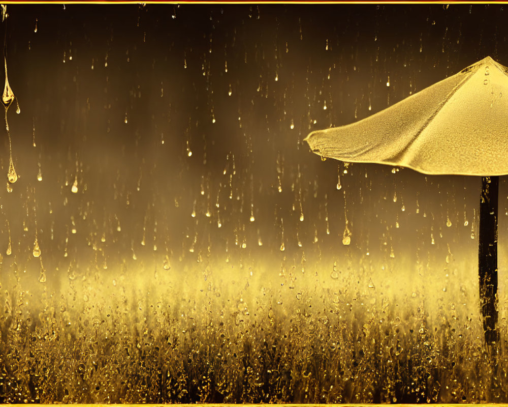 Solitary umbrella in golden rain shower creates moody scene