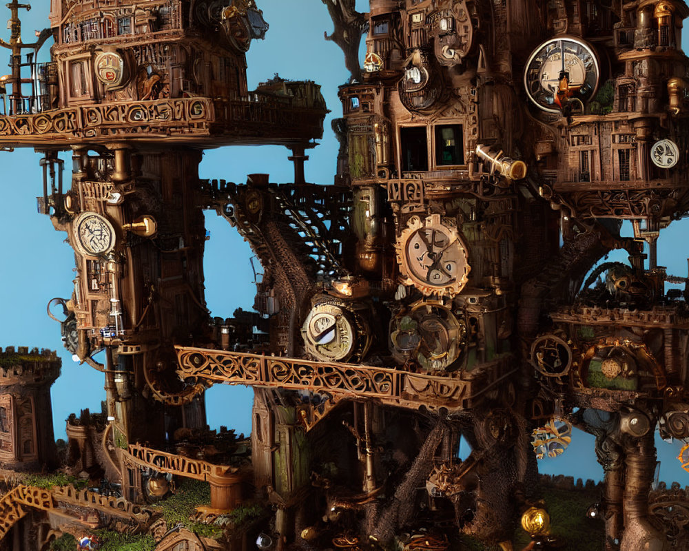 Intricate Steampunk Treehouse with Gears and Clocks on Blue Background