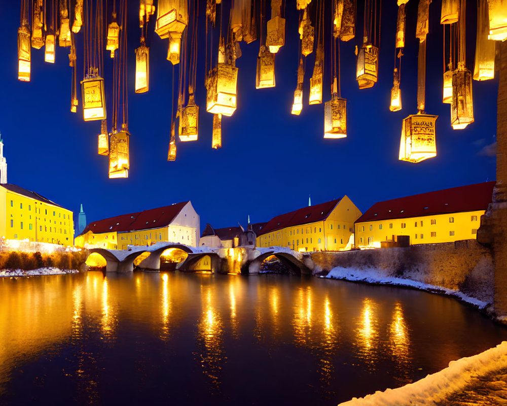 Night scene of illuminated lanterns on bridge overlooking old cityscape and river with snow and church stee