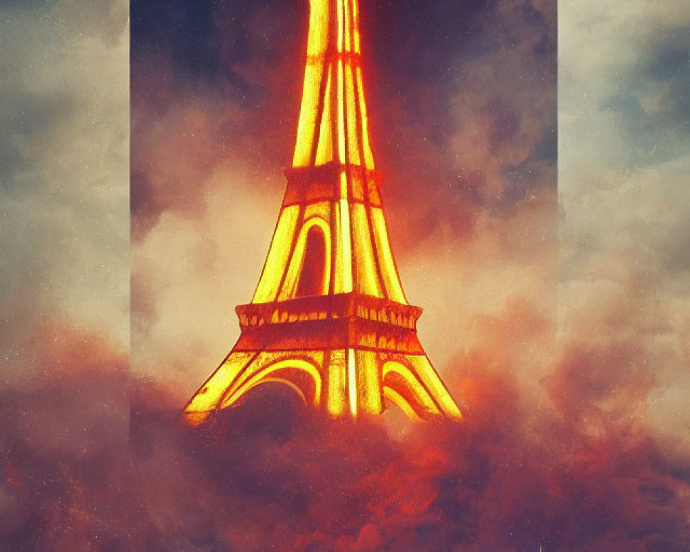 Eiffel Tower with fiery effect against dramatic sky