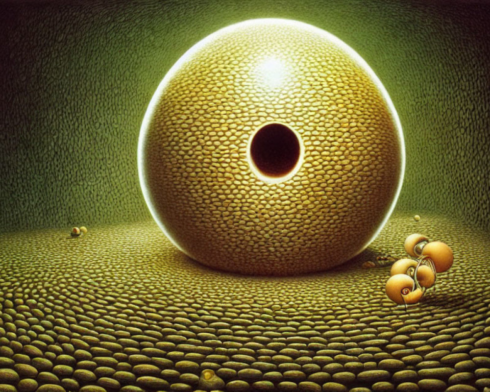 Surreal landscape: central sphere with hole, pebbles, smaller spheres, warm glow