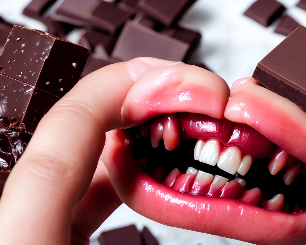 Close-up of mouth biting dark chocolate with chocolate pieces in background