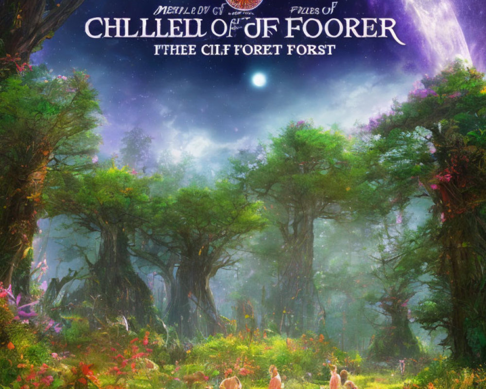 Fantasy forest scene with mythical creatures, lush greenery, glowing flowers, and large moon