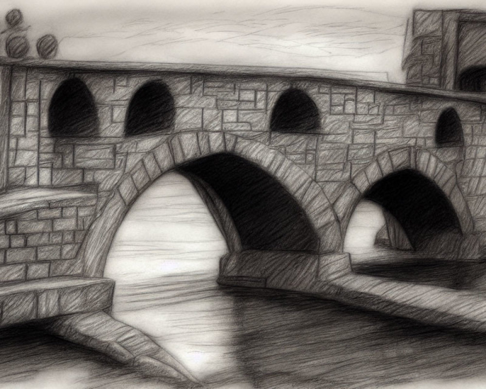 Detailed pencil sketch of an old stone bridge over water