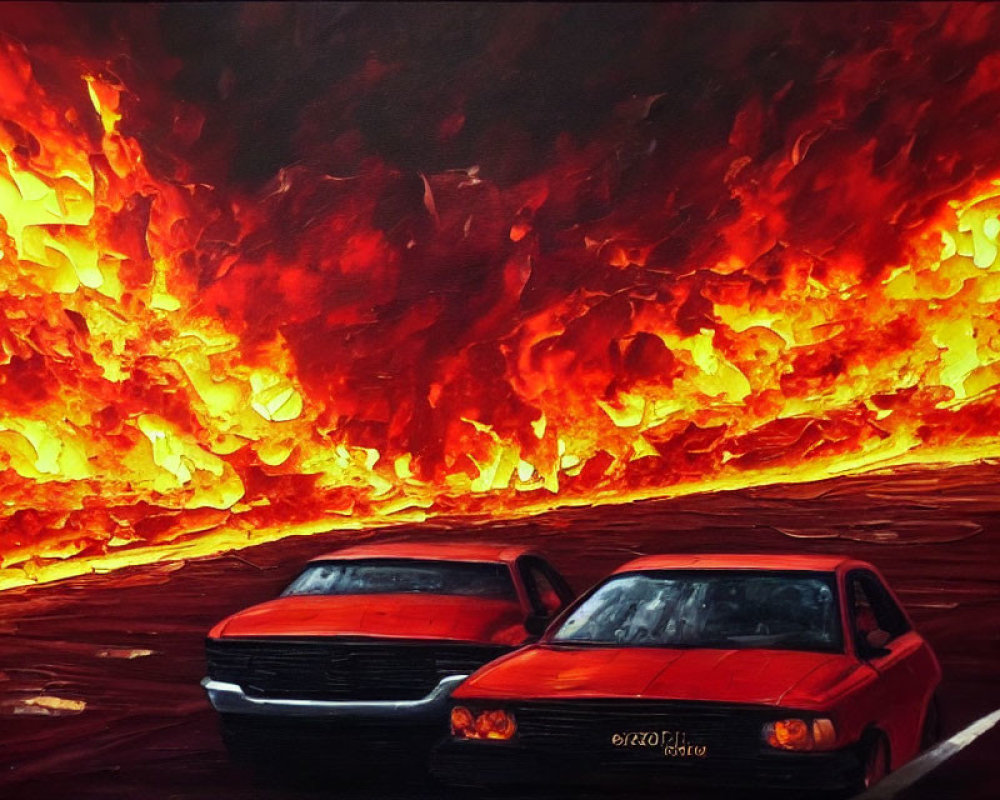 Two red cars in front of intense flames and blazing inferno.