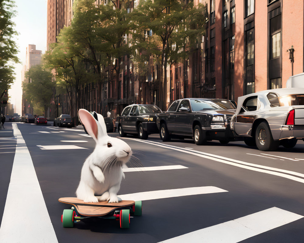 Giant rabbit skateboarding in city street with cars and trees