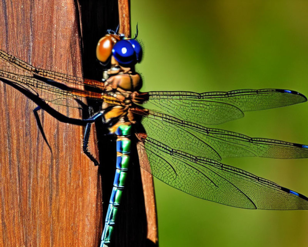 Detailed dragonfly perched on wooden surface with vibrant blue and green body