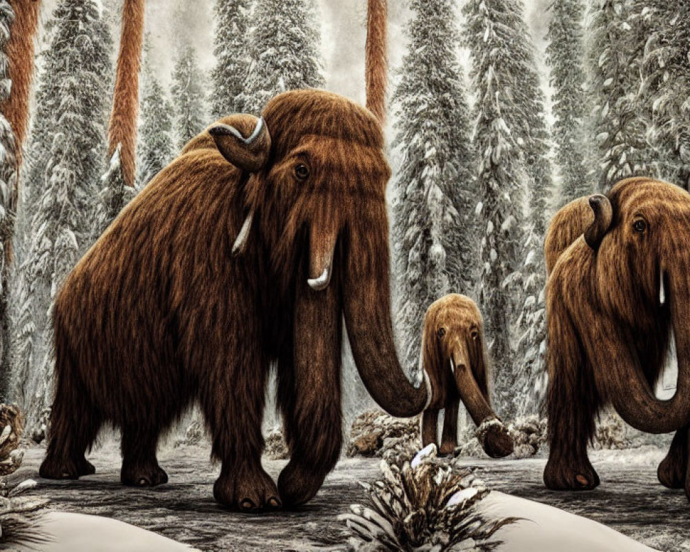 Family of Woolly Mammoths Roaming Snowy Forest